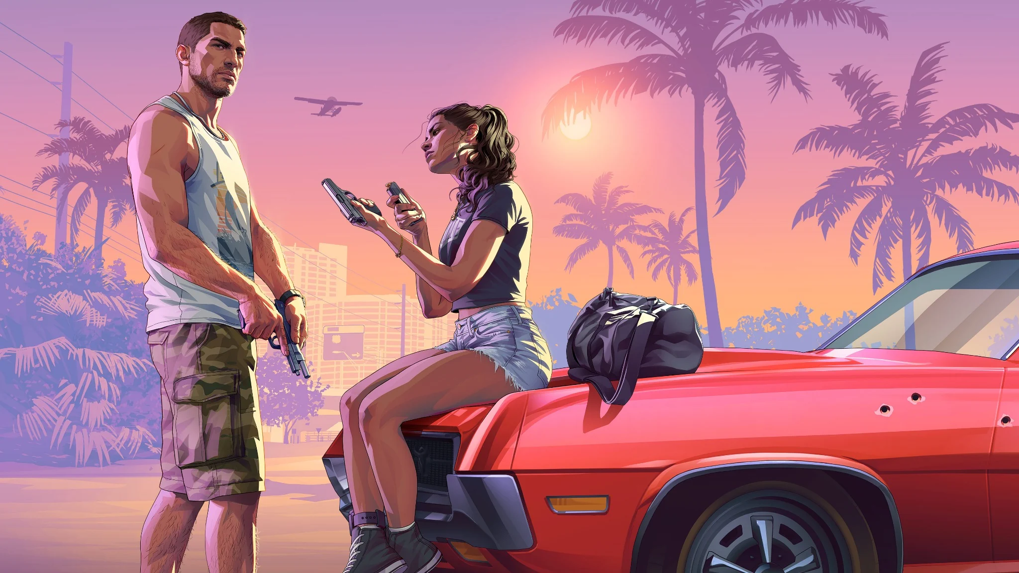 GTA VI official artwork with Jason and Lucia in a pink sunset